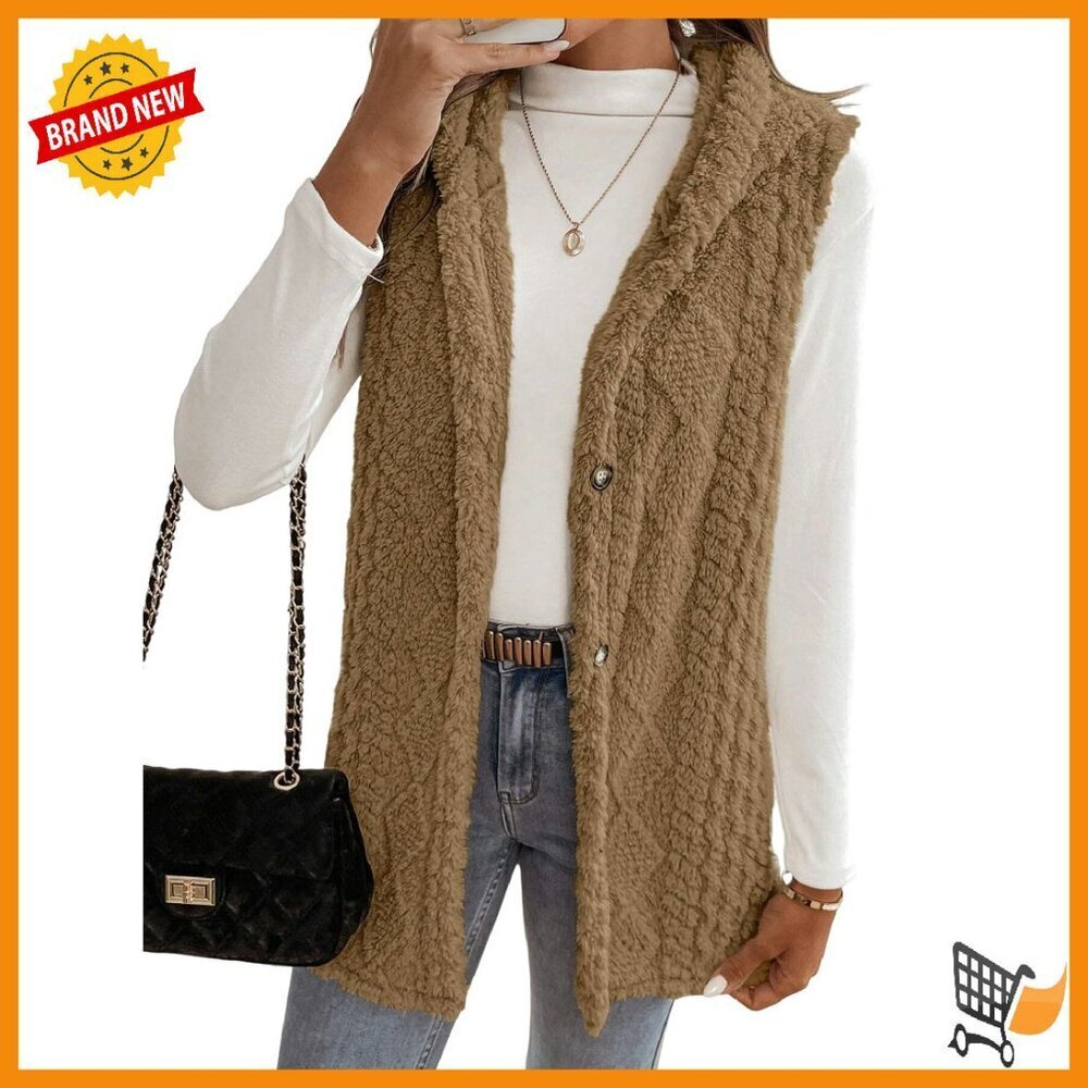 Sleeveless Hooded Plush Vest Women's Winter Outerwear Button Down
